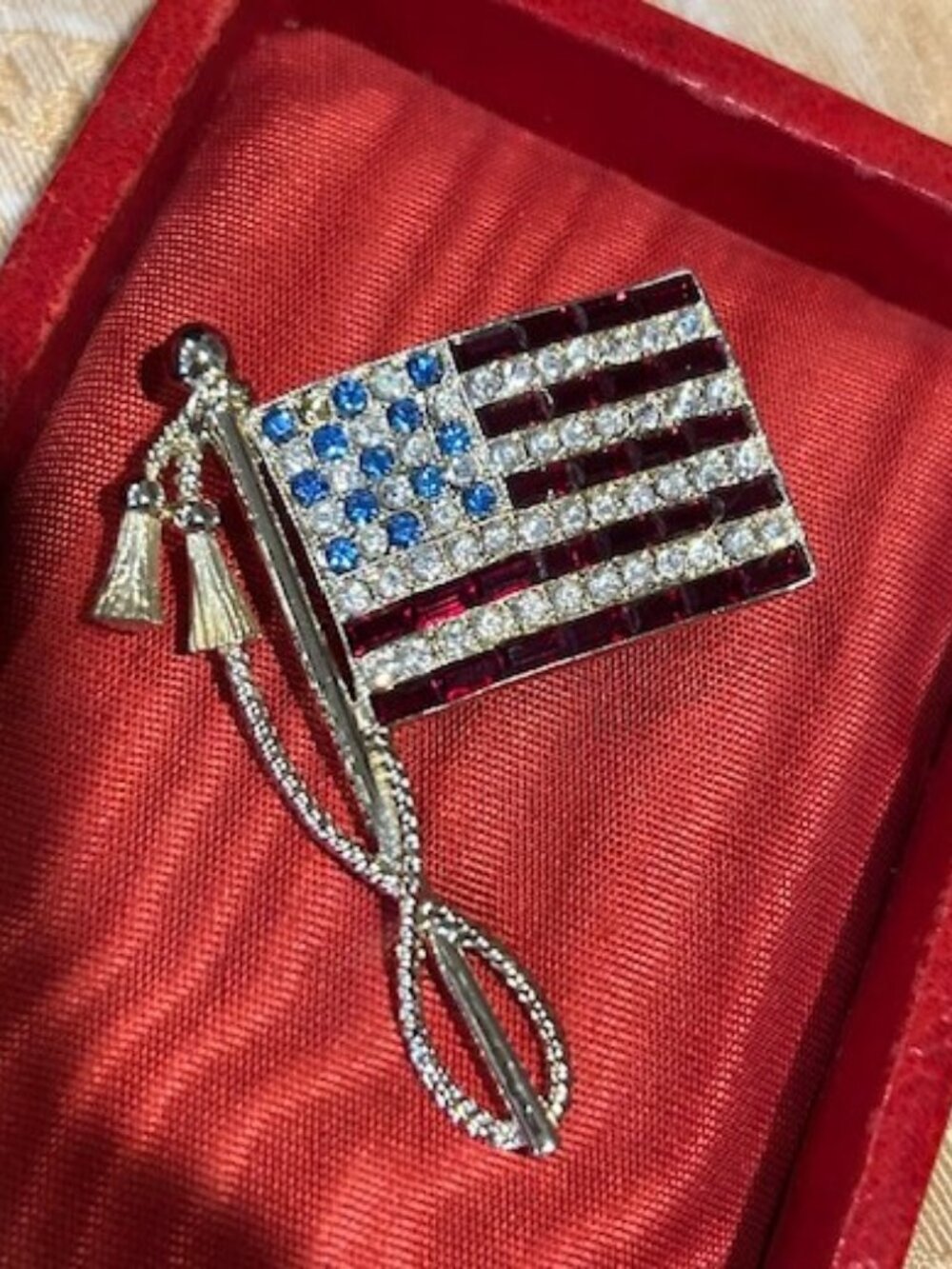 ALBERT WEISS Patriotic American Flag Red White Blue Rhinestone BROOCH